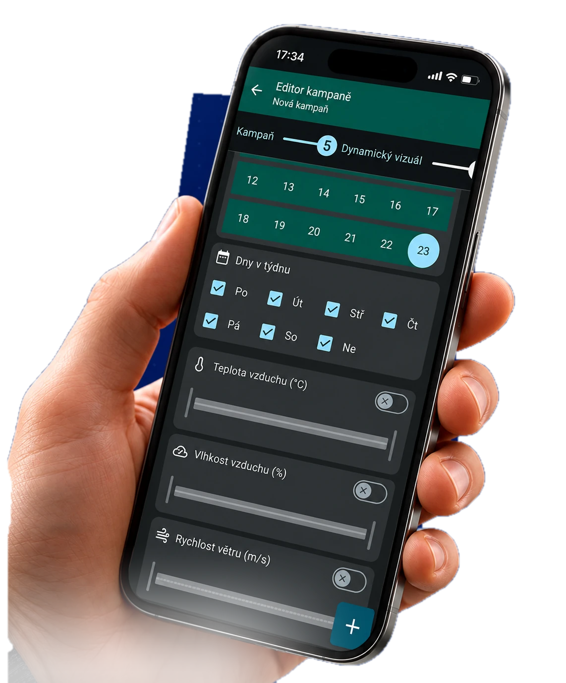 ScreenSoft — mobile campaign editor held in a hand