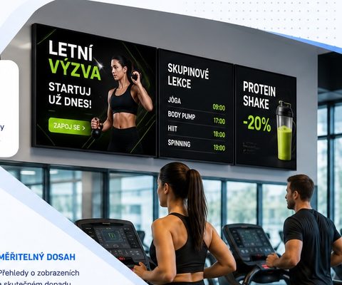 Zeď ve fitness centru s rozvrhem lekcí a nabídkou pro členy