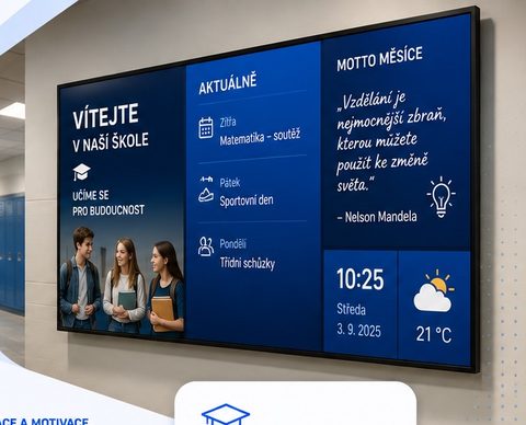 Školní obrazovka s oznámeními, rozvrhem a mottem měsíce